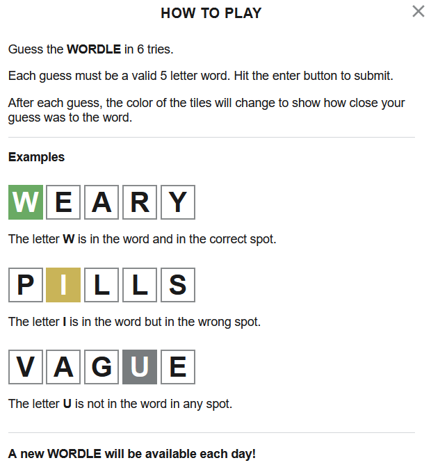 Правила с сайта игры: https://www.powerlanguage.co.uk/wordle/
