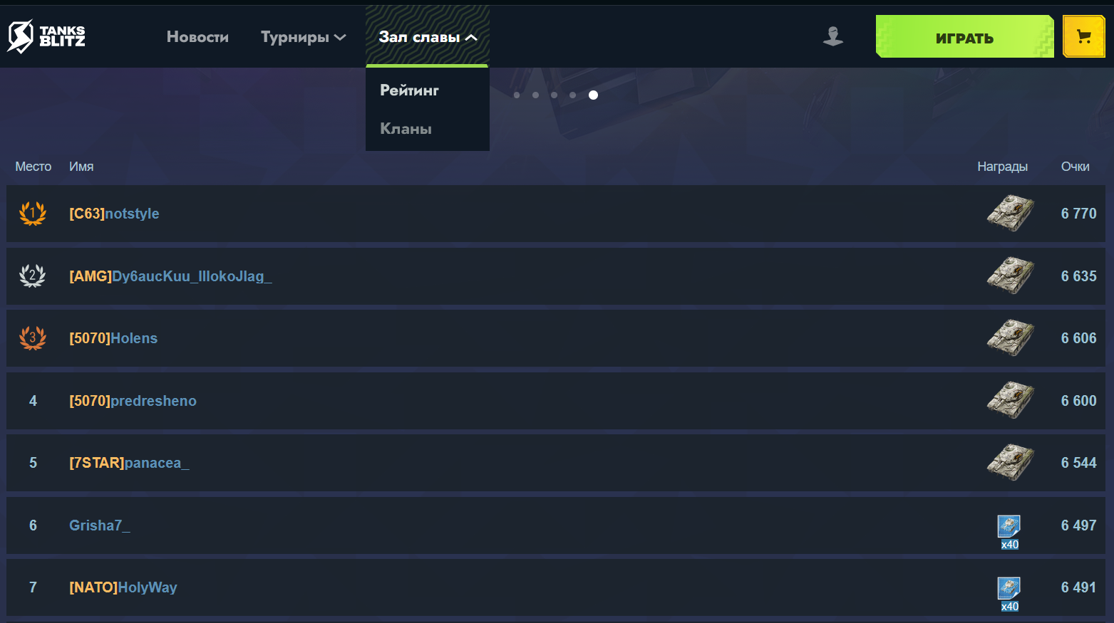 Сайт Tanks Blitz - Зал славы - Рейтинг